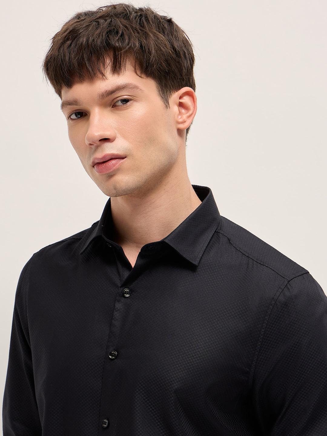 Men Black Woven Design Polyester Blend Tailored Fit Formal Shirt
