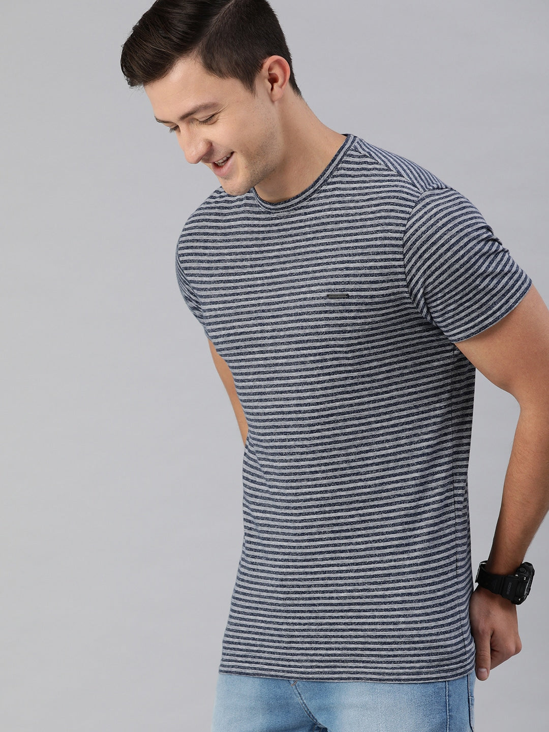 Men Blue Cotton Striped T-Shirt