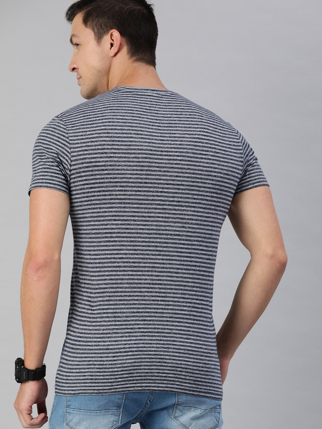 Men Blue Cotton Striped T-Shirt