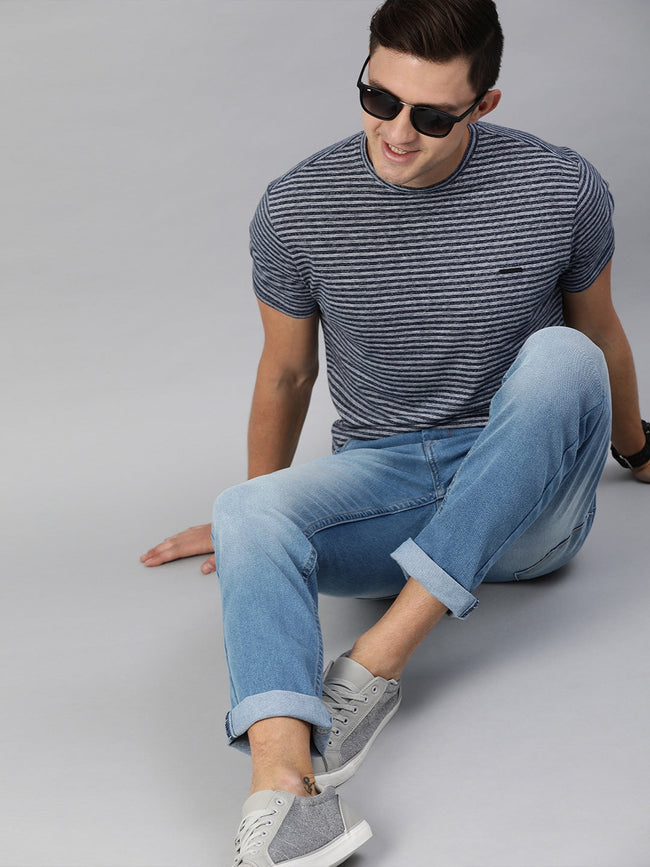 Men Blue Cotton Striped T-Shirt