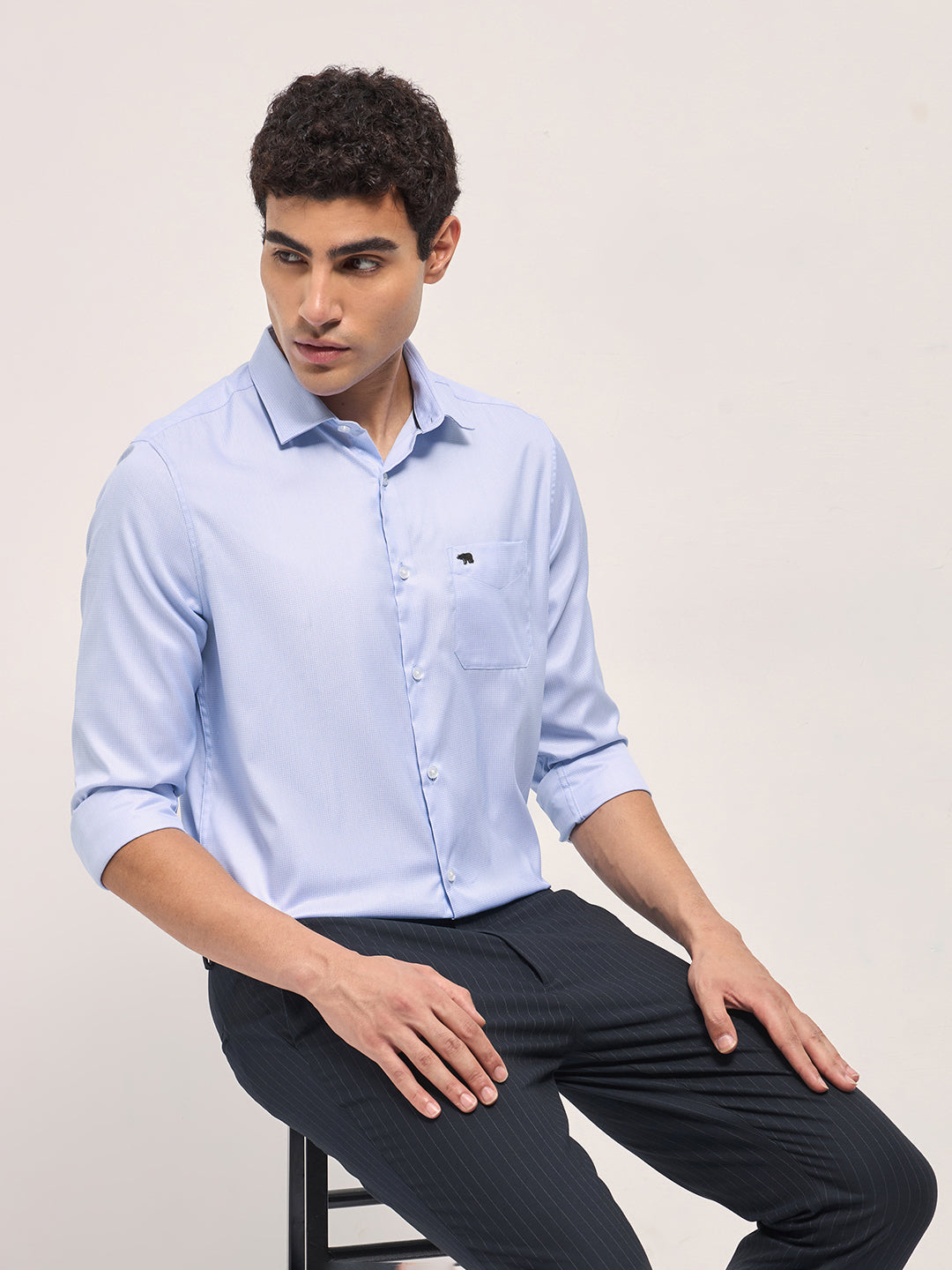 Men Light Blue Woven Design Tailored Fit Formal Shirt