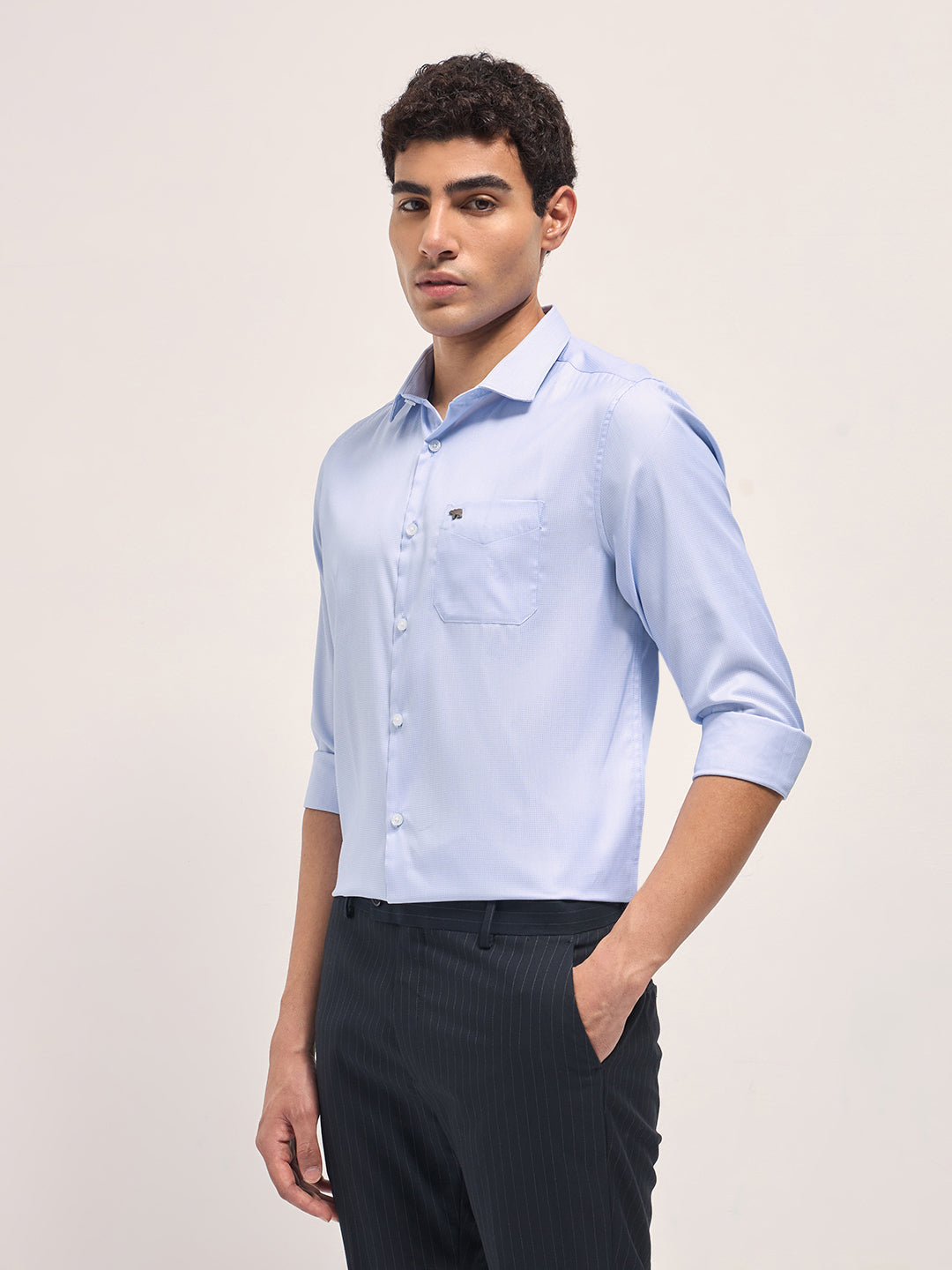 Men Light Blue Woven Design Tailored Fit Formal Shirt