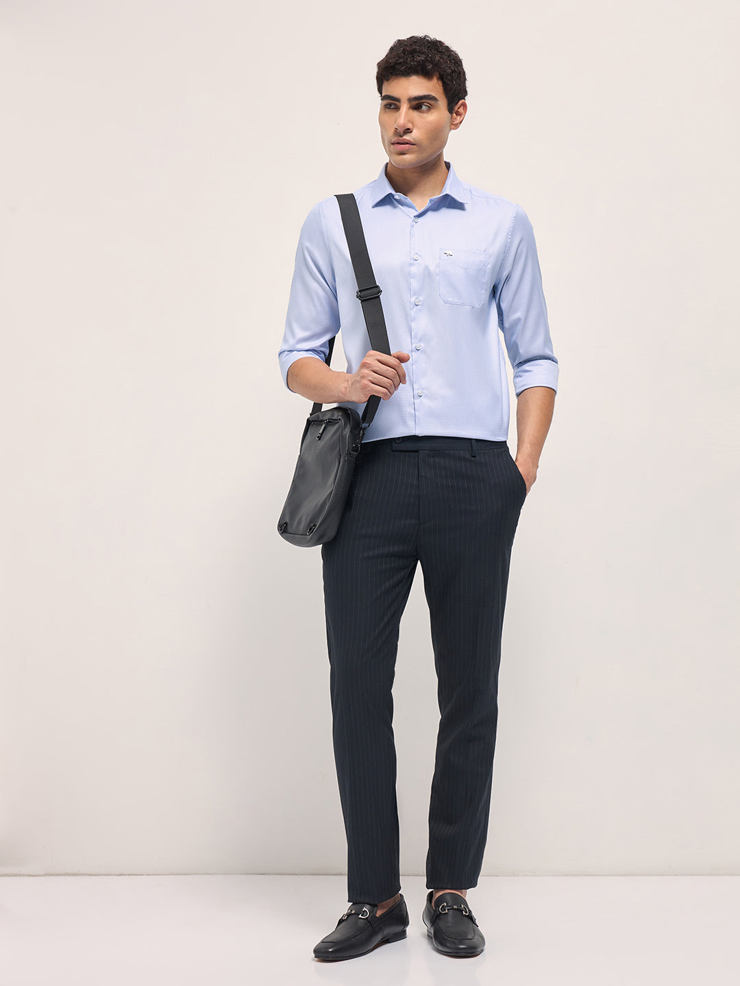 Men Light Blue Woven Design Tailored Fit Formal Shirt