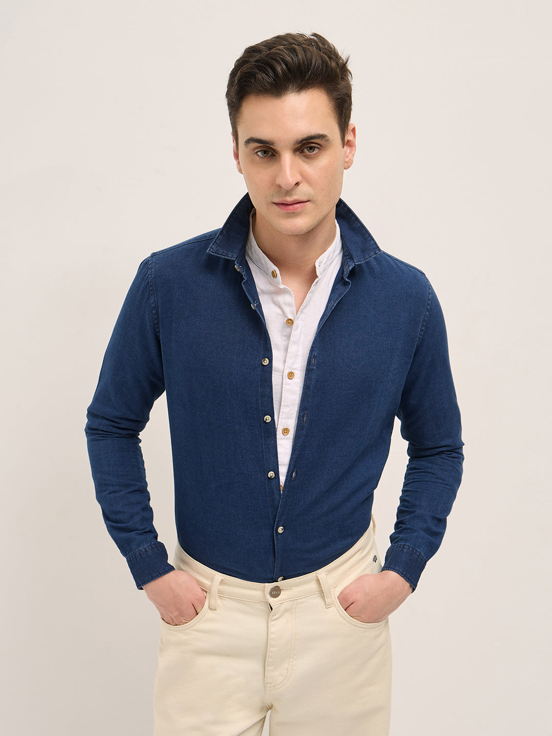 Men Dark Blue Solid Slim Fit Denim Casual Shirt