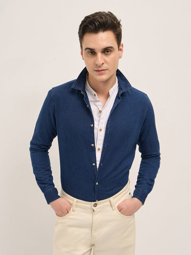 Men Dark Blue Solid Slim Fit Denim Casual Shirt