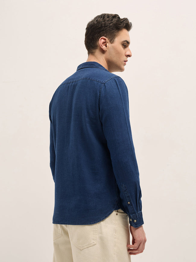 Men Dark Blue Solid Slim Fit Denim Casual Shirt