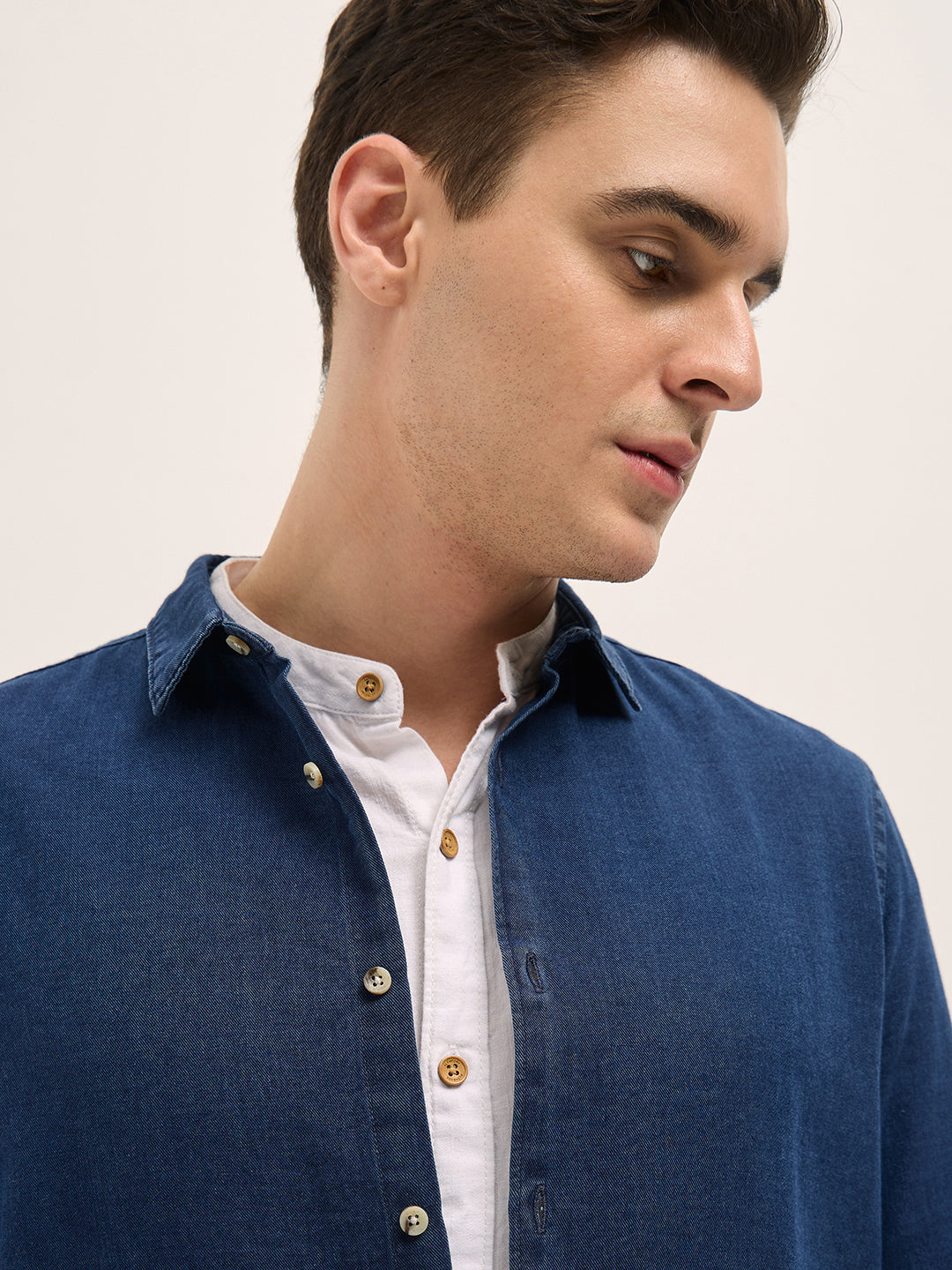 Men Dark Blue Solid Slim Fit Denim Casual Shirt