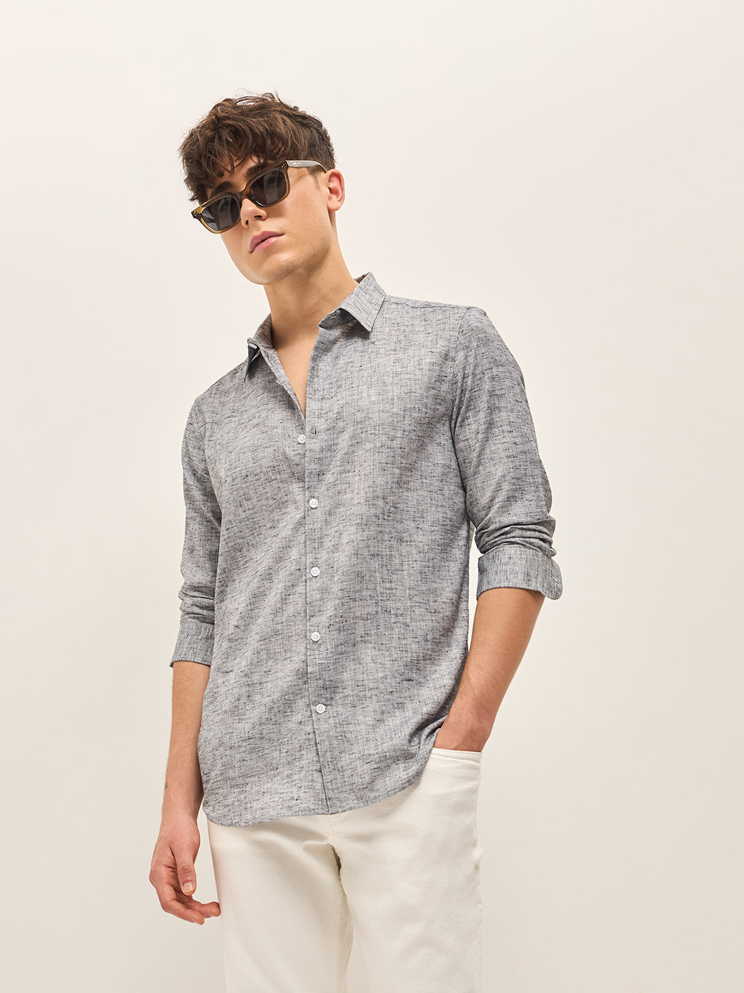 Men Grey Self Design Slim Fit Casual Shirt