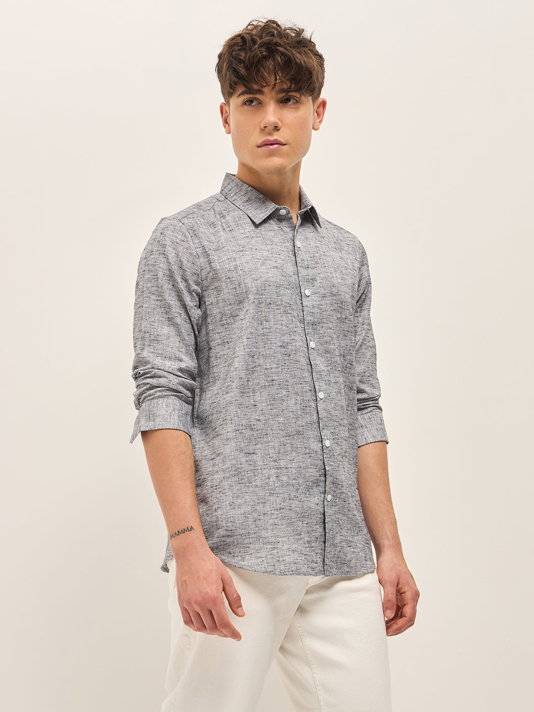 Men Grey Self Design Slim Fit Casual Shirt