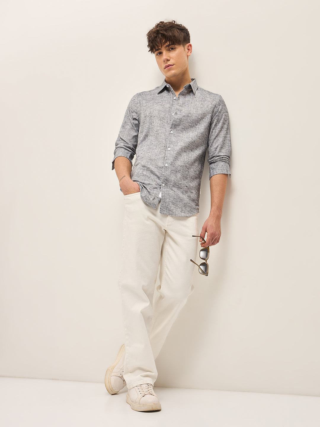 Men Grey Self Design Slim Fit Casual Shirt