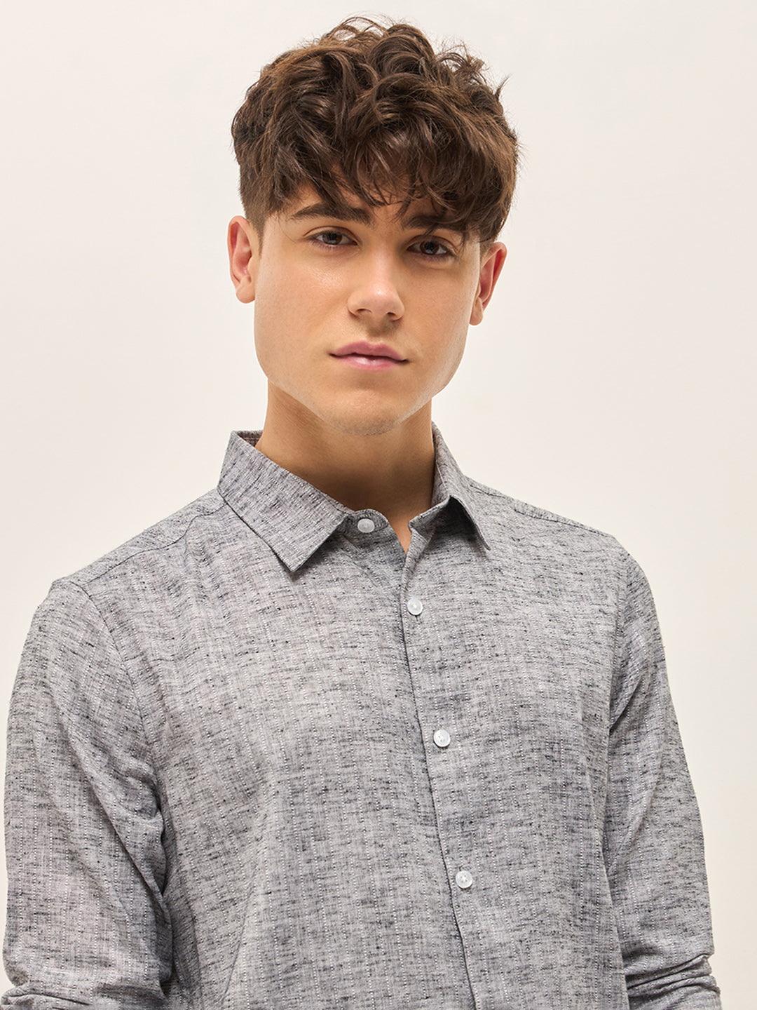 Men Grey Self Design Slim Fit Casual Shirt
