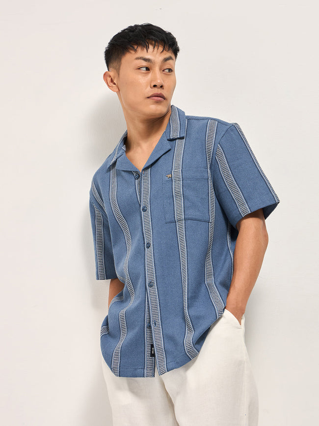 Men Blue Textured Striped Regular Fit Casual Shirt