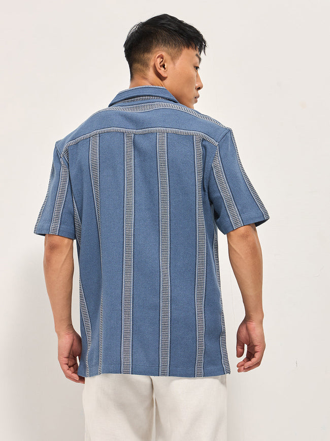 Men Blue Textured Striped Regular Fit Casual Shirt