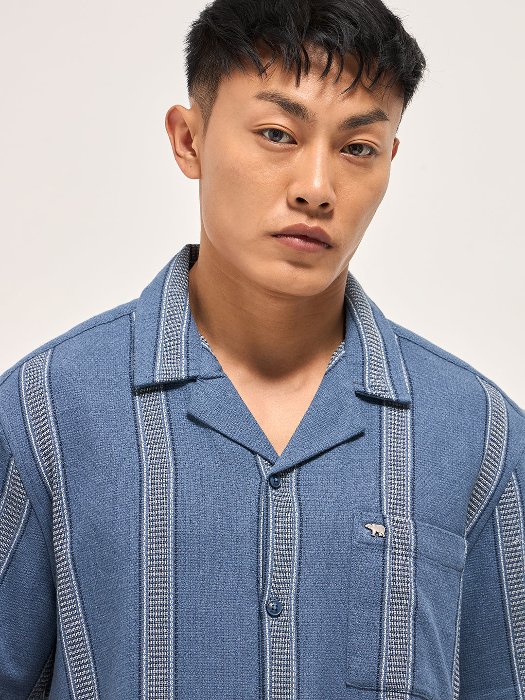 Men Blue Textured Striped Regular Fit Casual Shirt