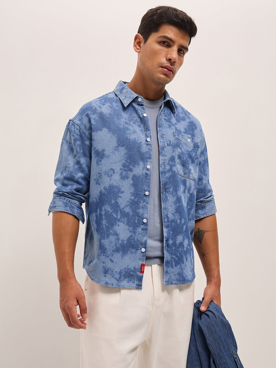 Men Sky Blue Acid Wash Relaxed Fit Overshirt