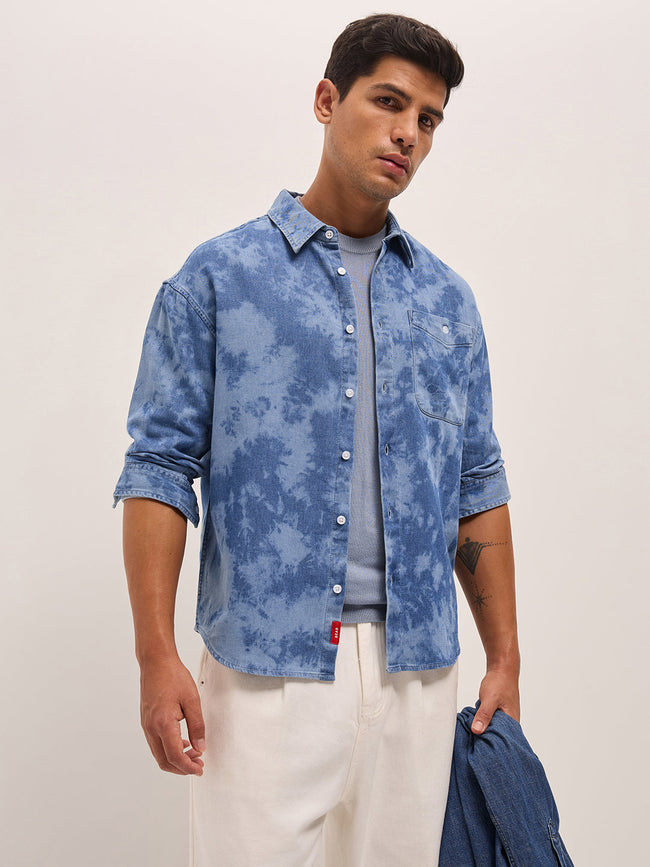 Men Sky Blue Acid Wash Relaxed Fit Overshirt