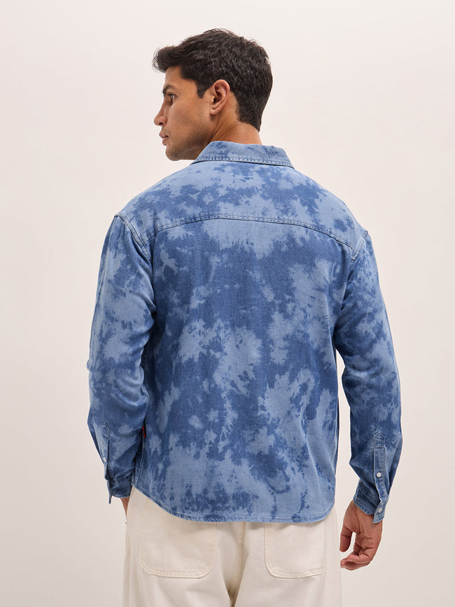 Men Sky Blue Acid Wash Relaxed Fit Overshirt