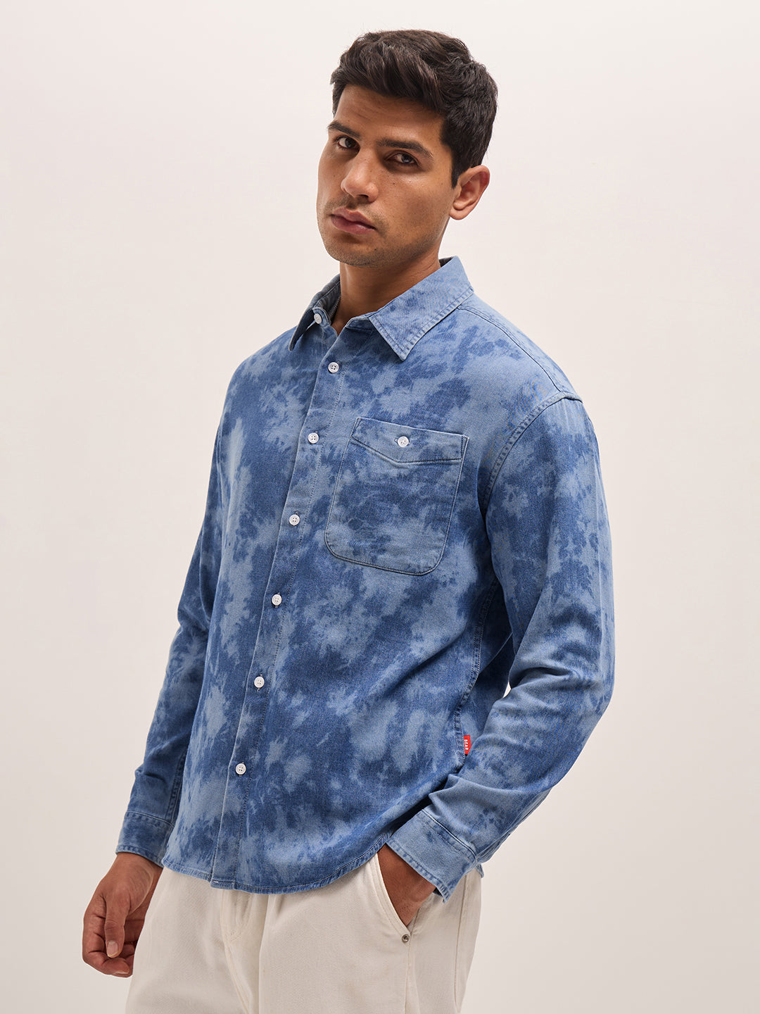 Men Sky Blue Acid Wash Relaxed Fit Overshirt