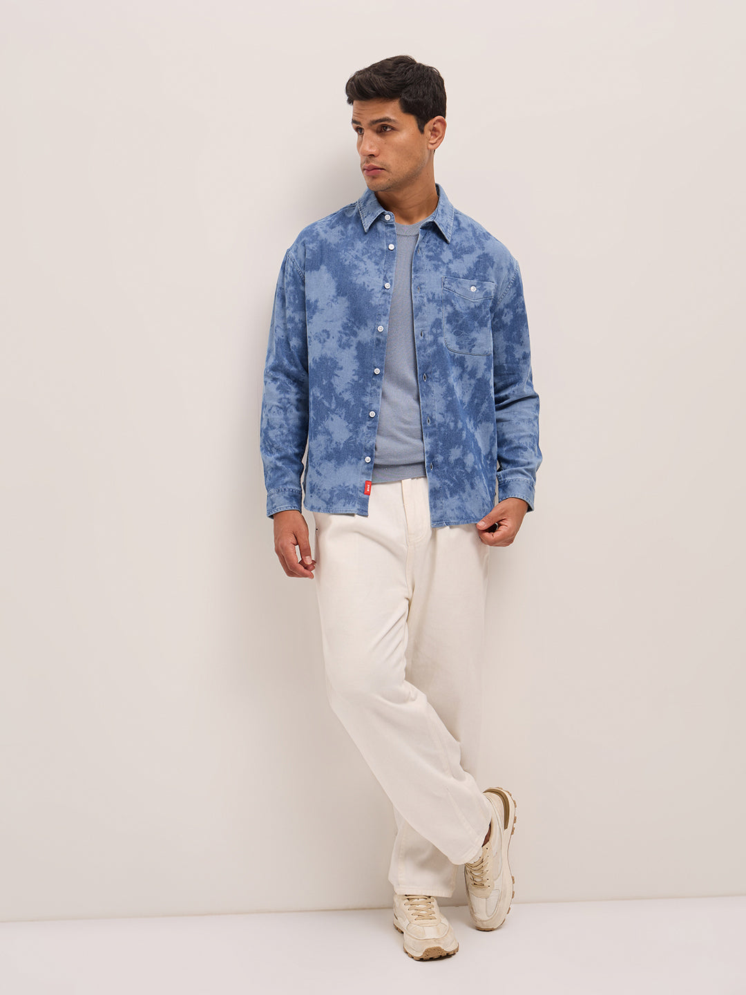 Men Sky Blue Acid Wash Relaxed Fit Overshirt