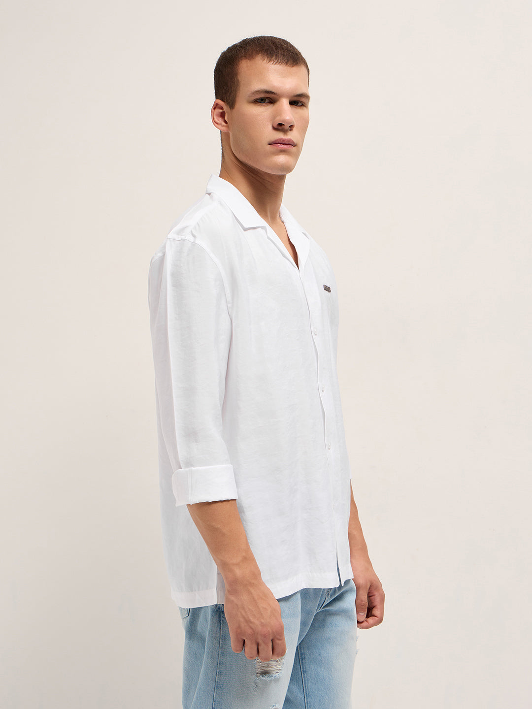 Men White Lenzing Modal Solid Oversize Fit Casual Shirt
