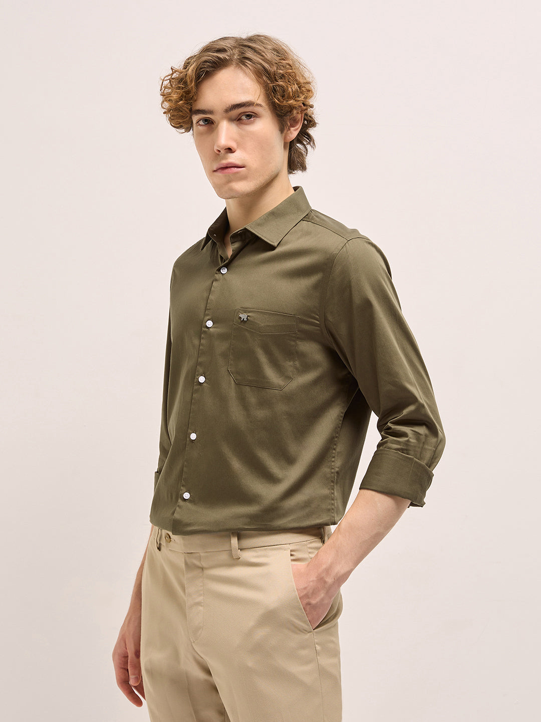 Men Olive Tailored Fit Solid Formal Shirt