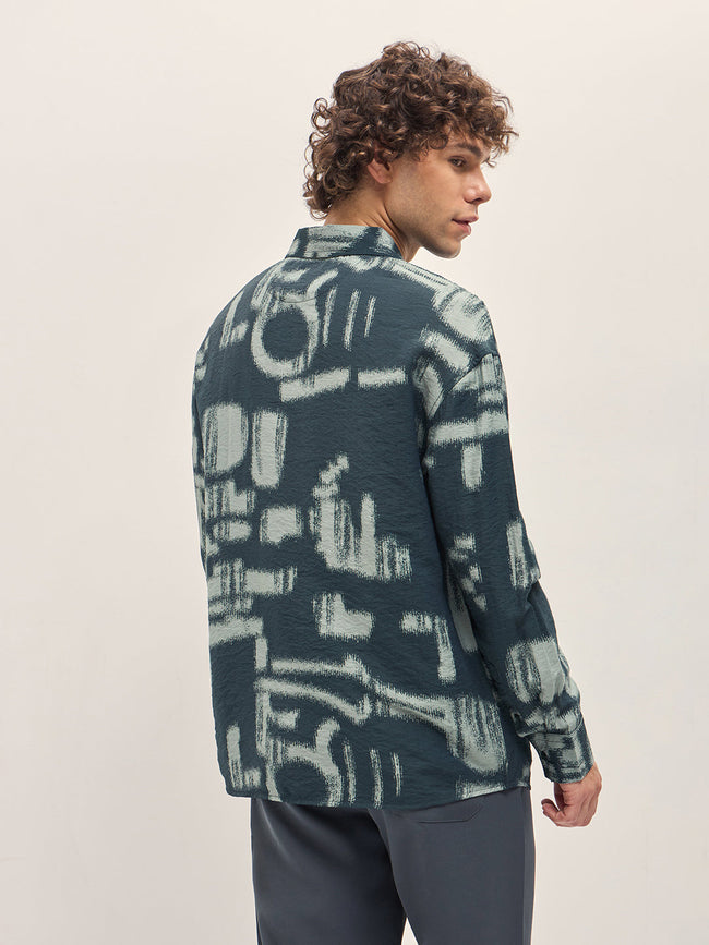 Men Teal Blue Abstract hand-brushed effects Relax Fit Overshirt
