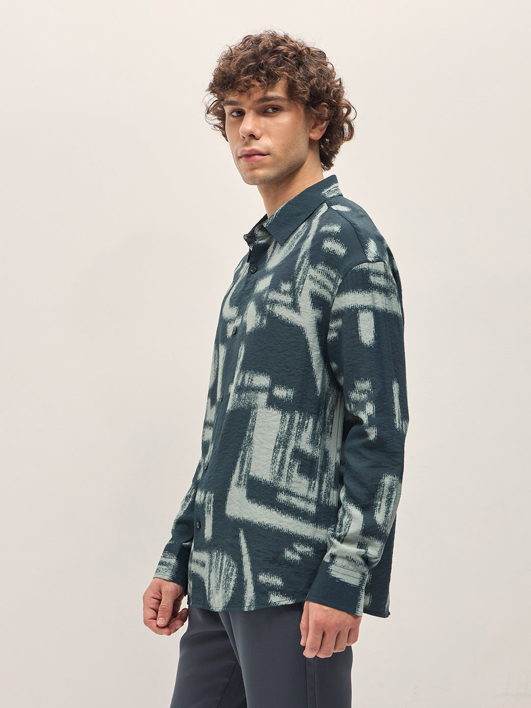 Men Teal Blue Abstract hand-brushed effects Relax Fit Overshirt