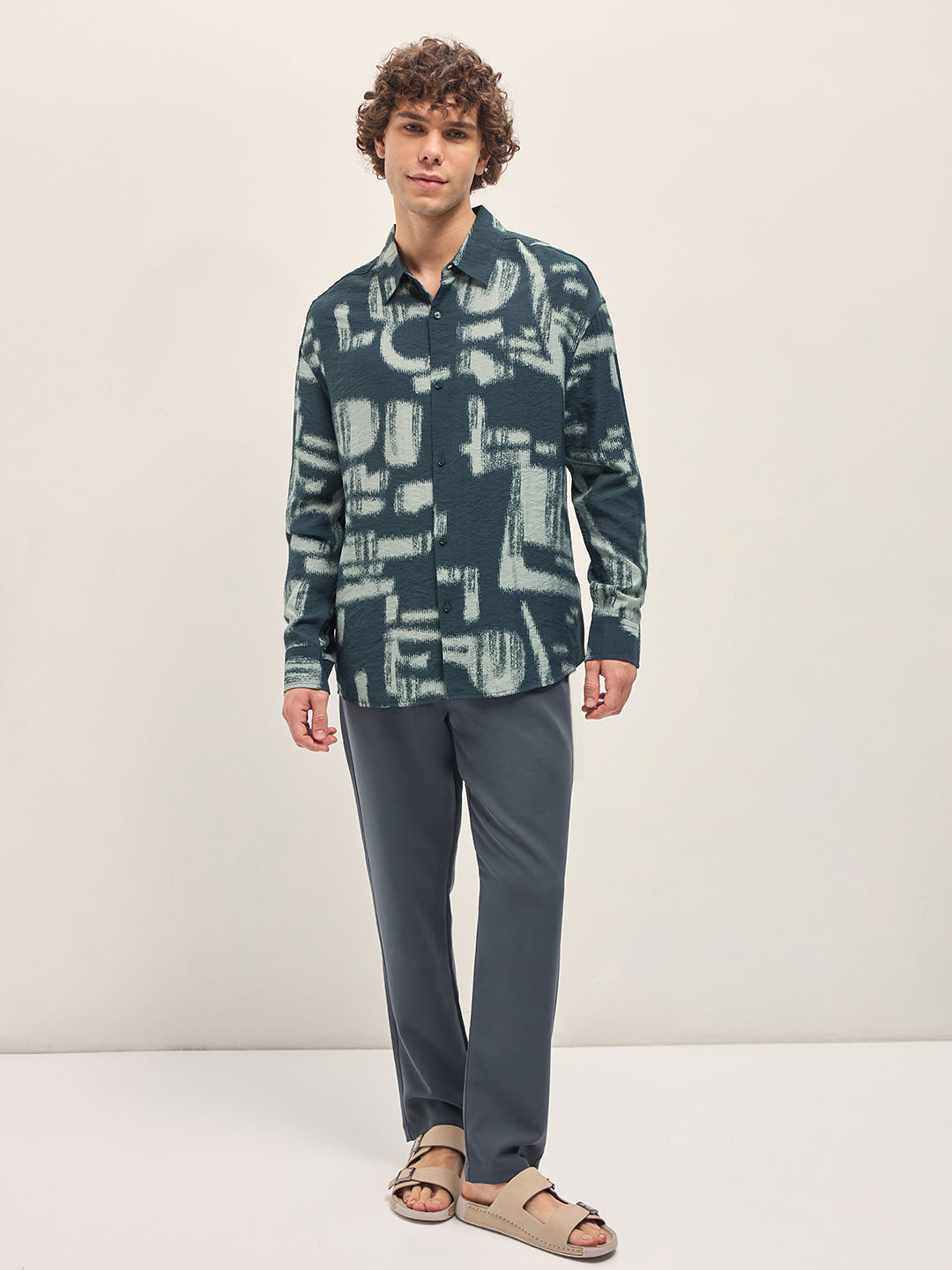 Men Teal Blue Abstract hand-brushed effects Relax Fit Overshirt