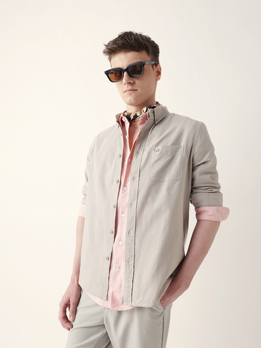Men Casual Grey Textured Shirt