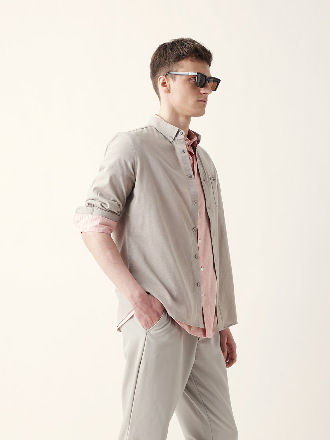 Men Casual Grey Textured Shirt