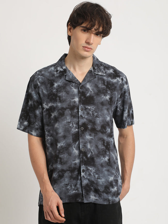 Men Black Tie-Dye Regular Fit Viscose Rayon Casual Shirt