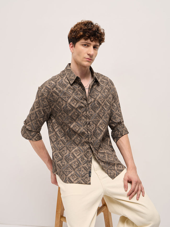 Men Brown Geometric Digital Print Relax Fit Casual Overshirt
