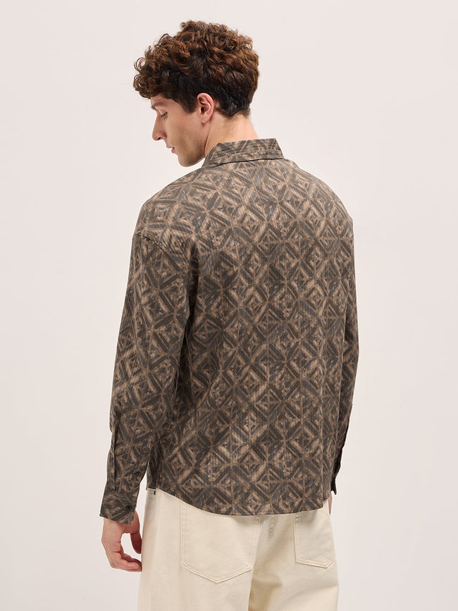 Men Brown Geometric Digital Print Relax Fit Casual Overshirt