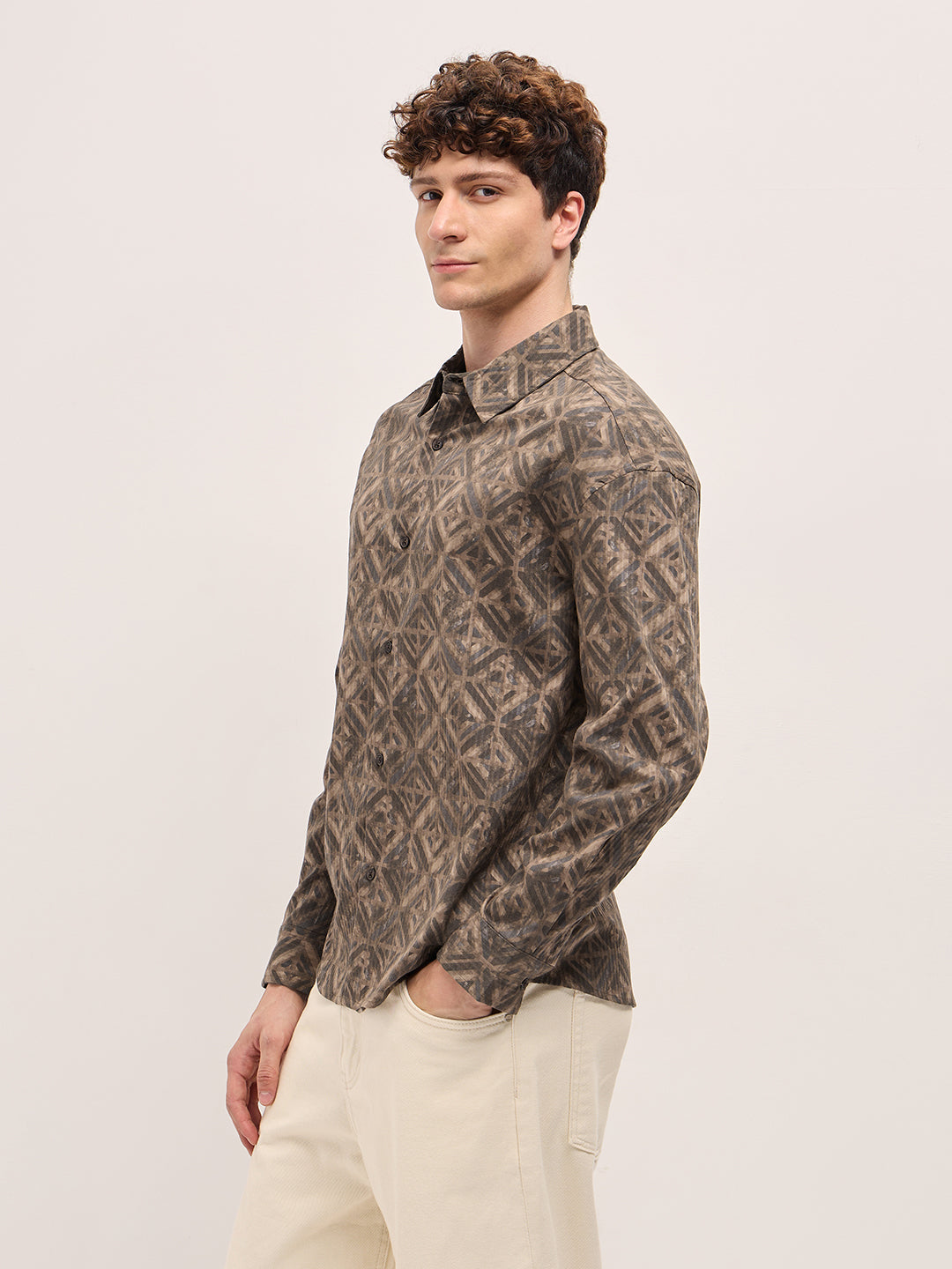 Men Brown Geometric Digital Print Relax Fit Casual Overshirt