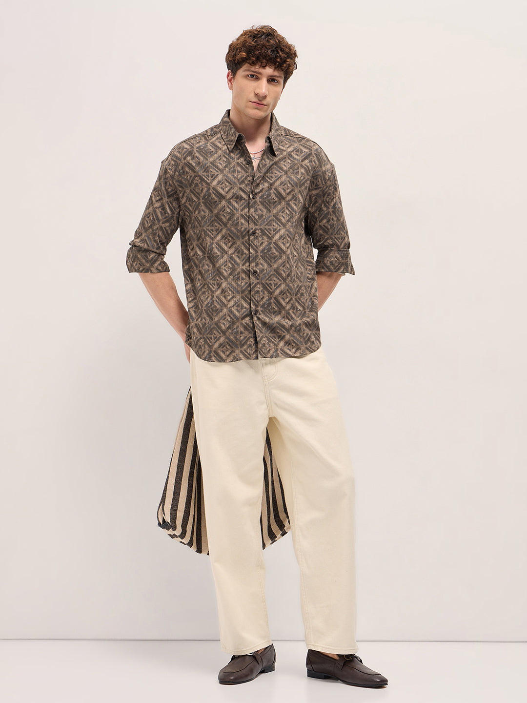 Men Brown Geometric Digital Print Relax Fit Casual Overshirt