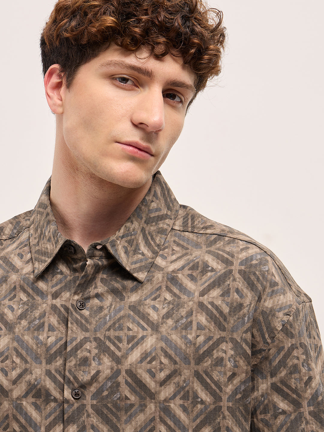 Men Brown Geometric Digital Print Relax Fit Casual Overshirt