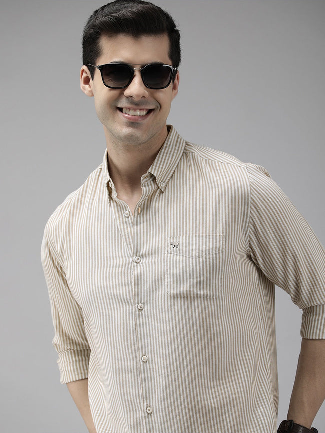 Men Beige Slim Fit Pinstriped Pure Cotton Casual Shirt