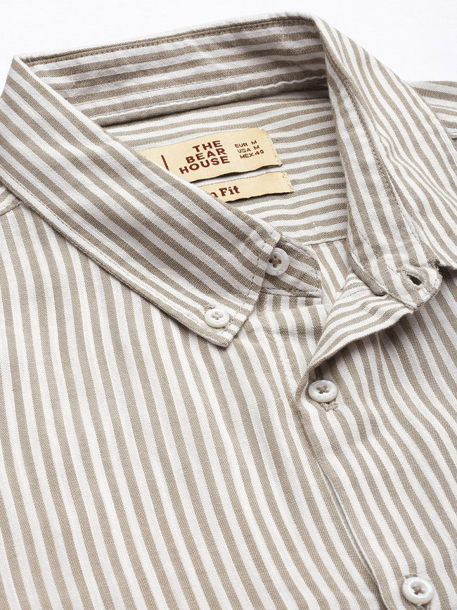 Men Beige Slim Fit Pinstriped Pure Cotton Casual Shirt