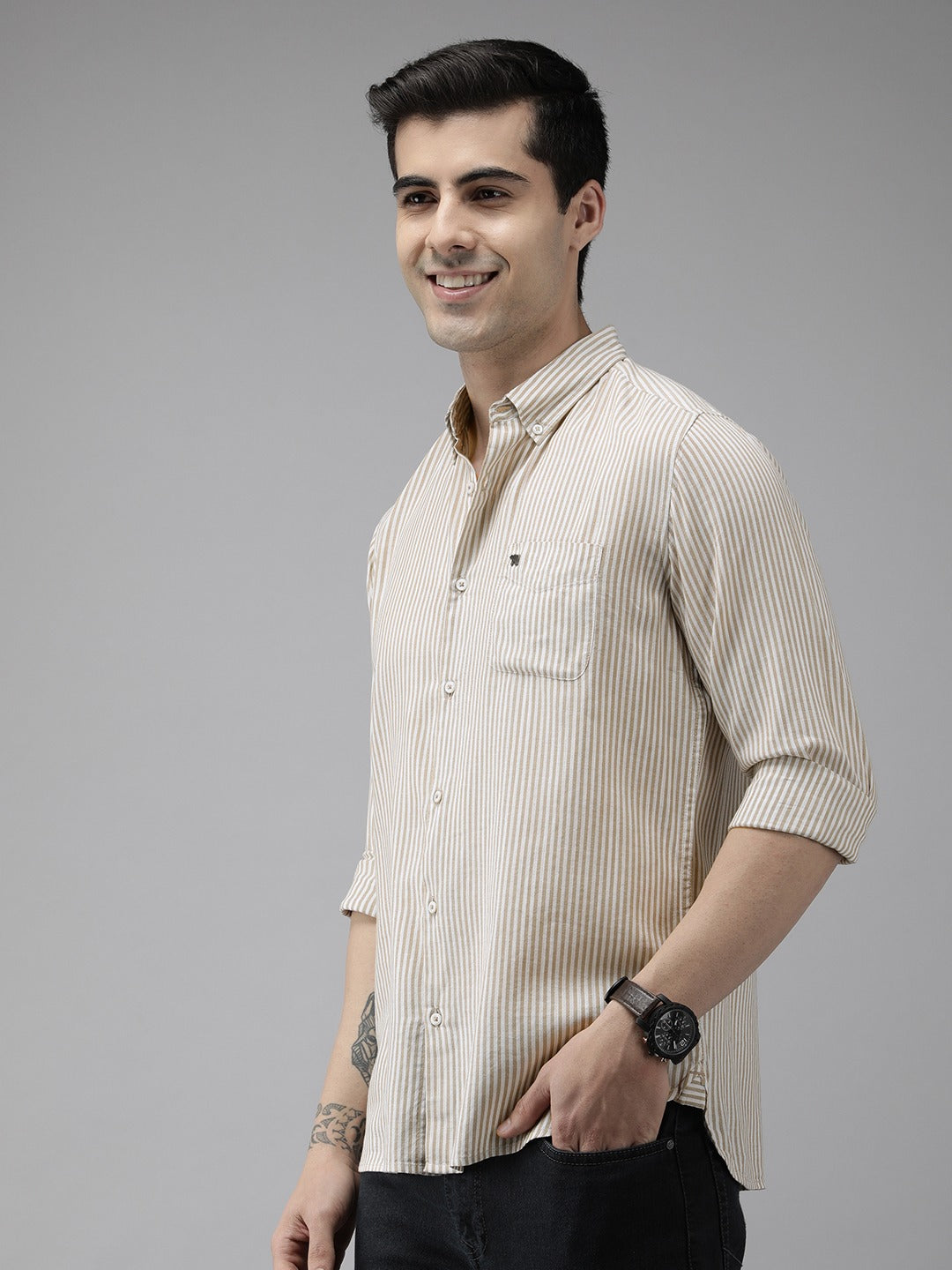 Men Beige Slim Fit Pinstriped Pure Cotton Casual Shirt