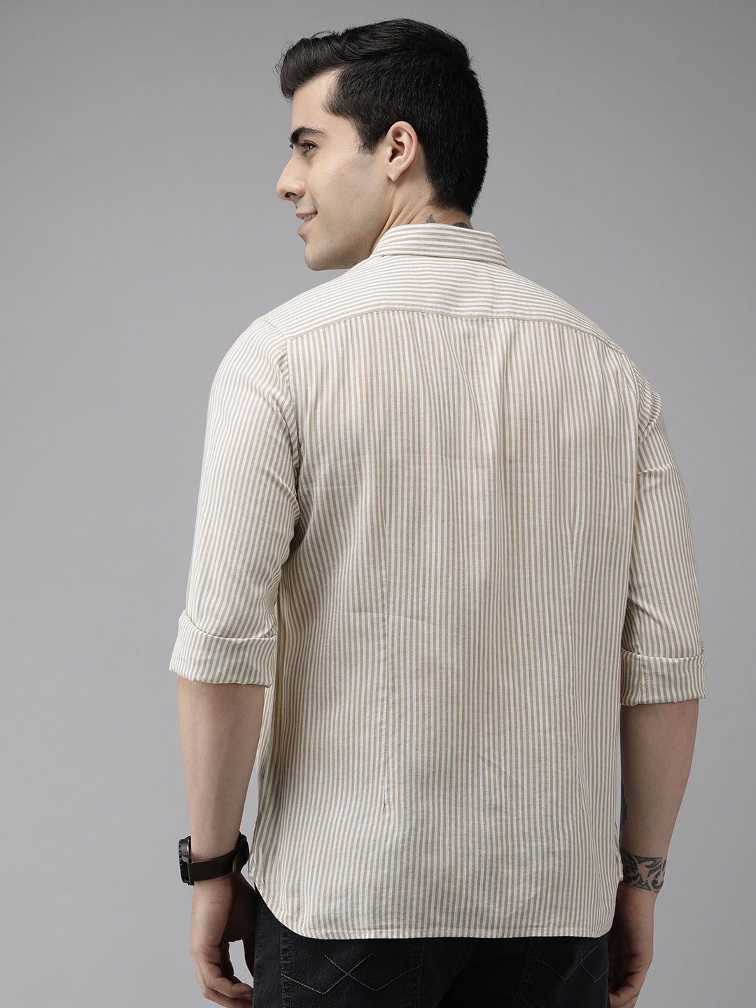 Men Beige Slim Fit Pinstriped Pure Cotton Casual Shirt