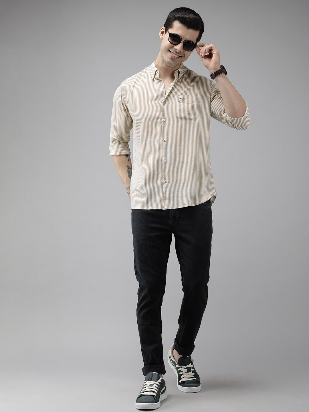 Men Beige Slim Fit Pinstriped Pure Cotton Casual Shirt