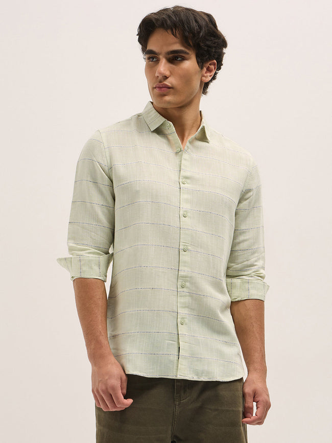 Men Light Green Horizontal Stripes Slim Fit Casual Shirt