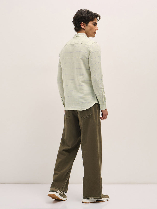 Men Light Green Horizontal Stripes Slim Fit Casual Shirt
