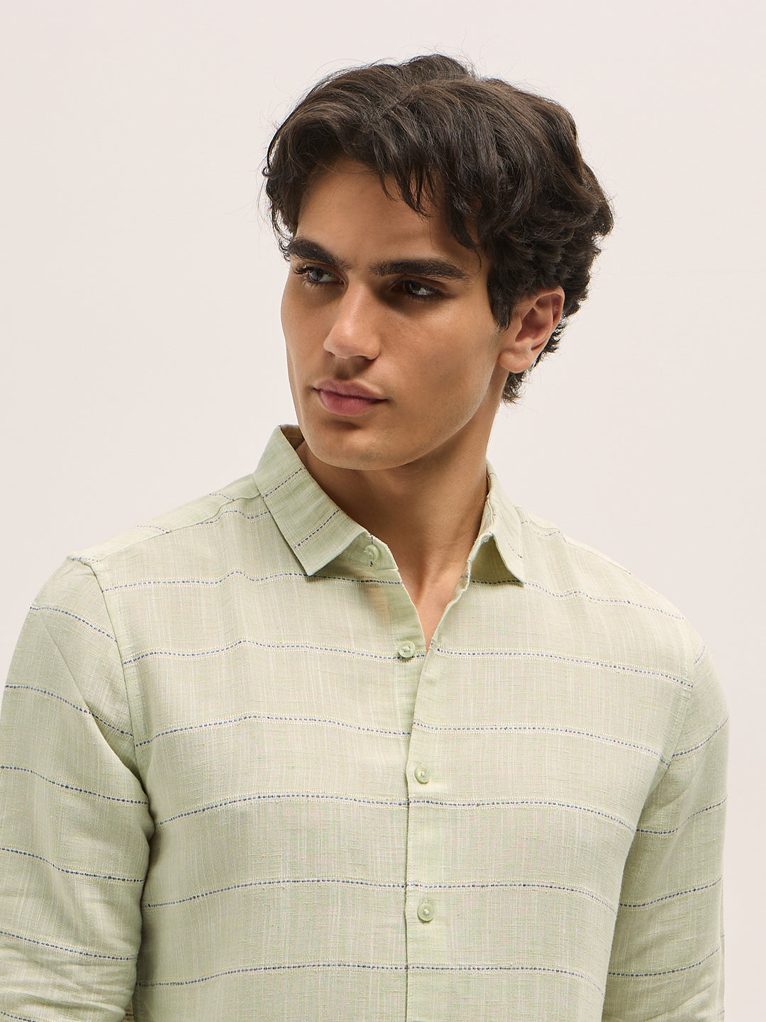 Men Light Green Horizontal Stripes Slim Fit Casual Shirt