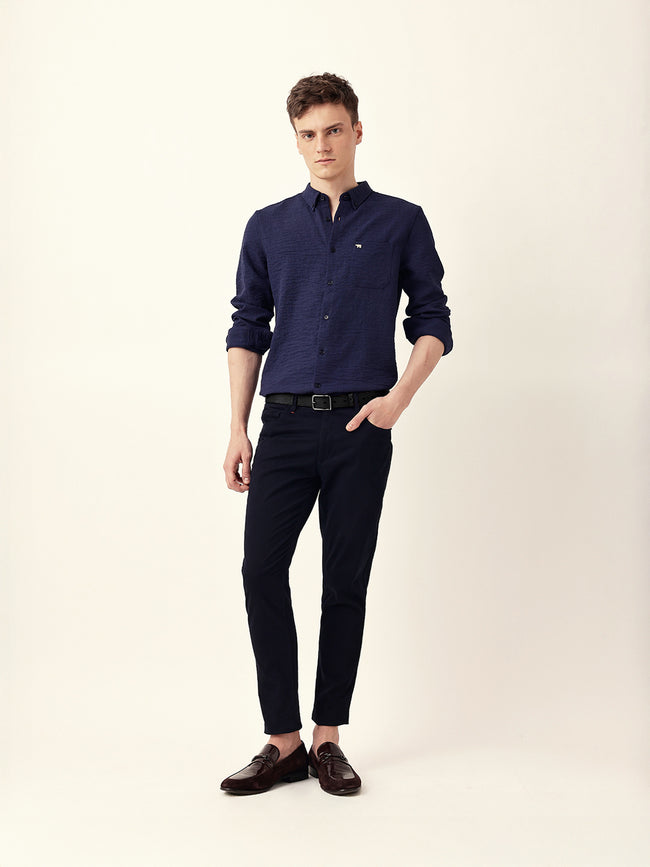 Men Casual Blue Textured Shirt