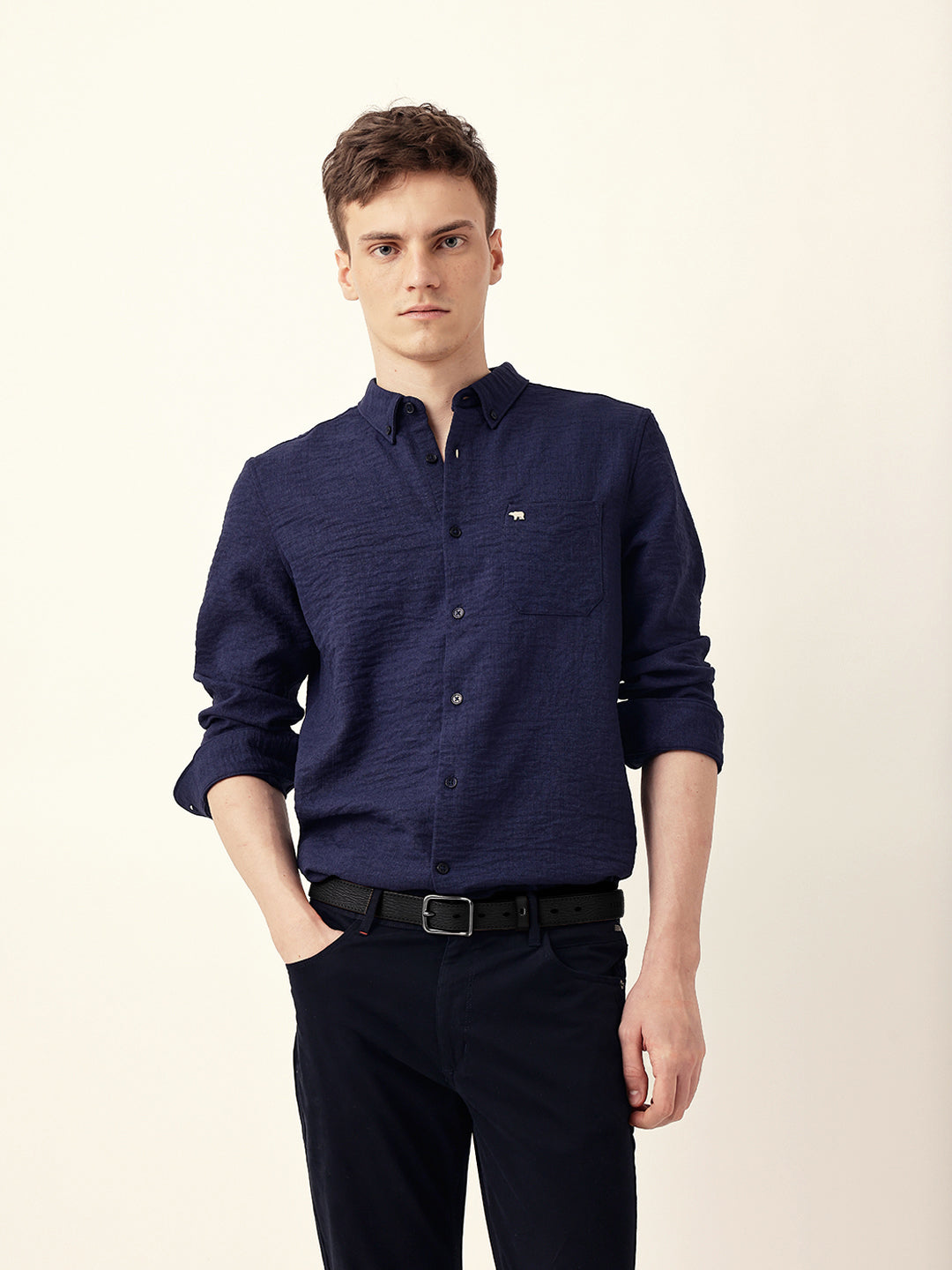 Men Casual Blue Textured Shirt