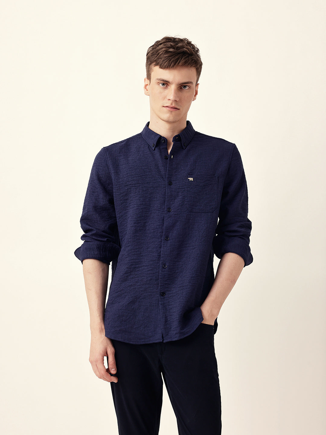 Men Casual Blue Textured Shirt