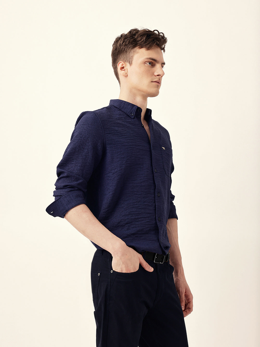Men Casual Blue Textured Shirt