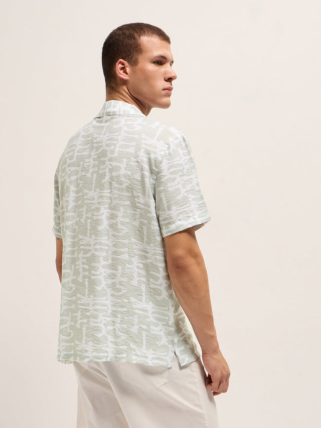 Men Light Green Abstract Brush Stroke Print Relaxed Fit Cuban Collar Shirt