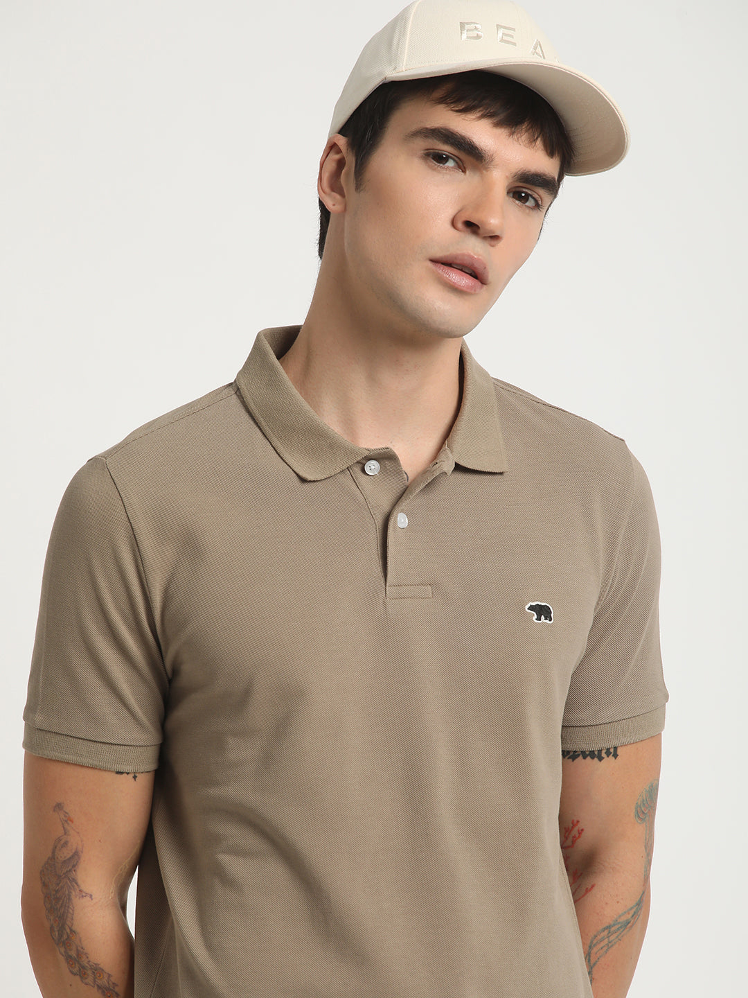 Men Beige Solid Slim Fit Pure Cotton Polo Collar T-shirt